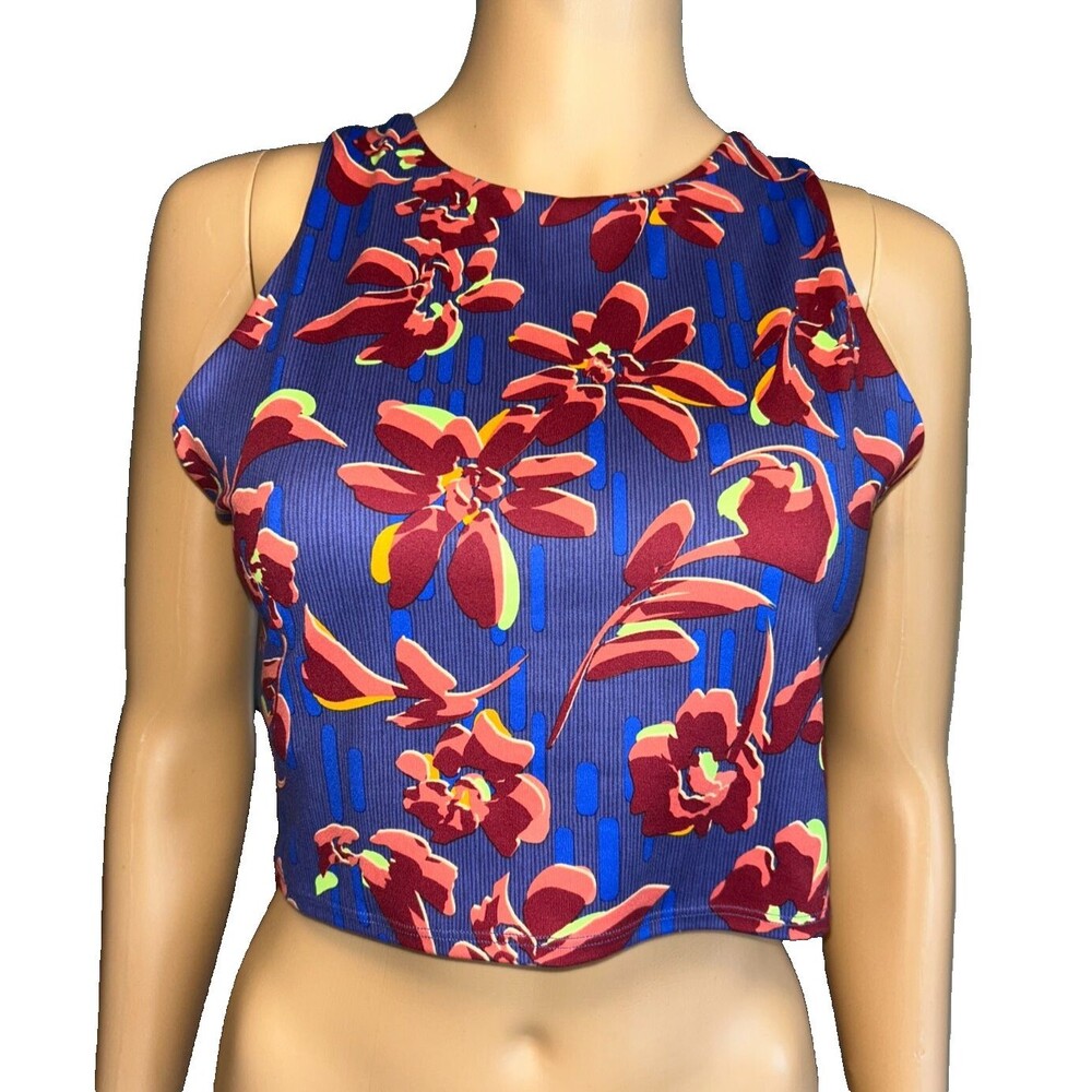 Athleta Floral Racerback Crop Top Built In Bra size Large Purple Pink D51